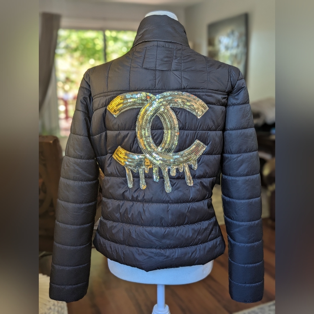 Black Puffer Jacket with Gold Logo